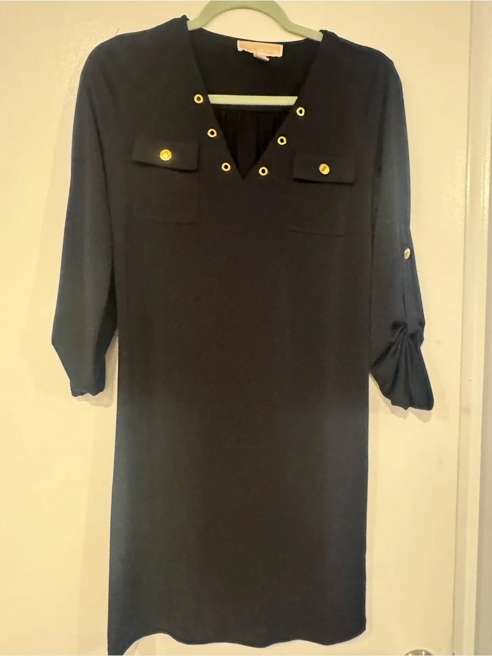 Michael Kors Classic Black Shift Dress with Gold Accents- XS- designer dress
